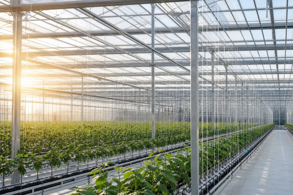 Galvanized wire support systems inside a modern greenhouse